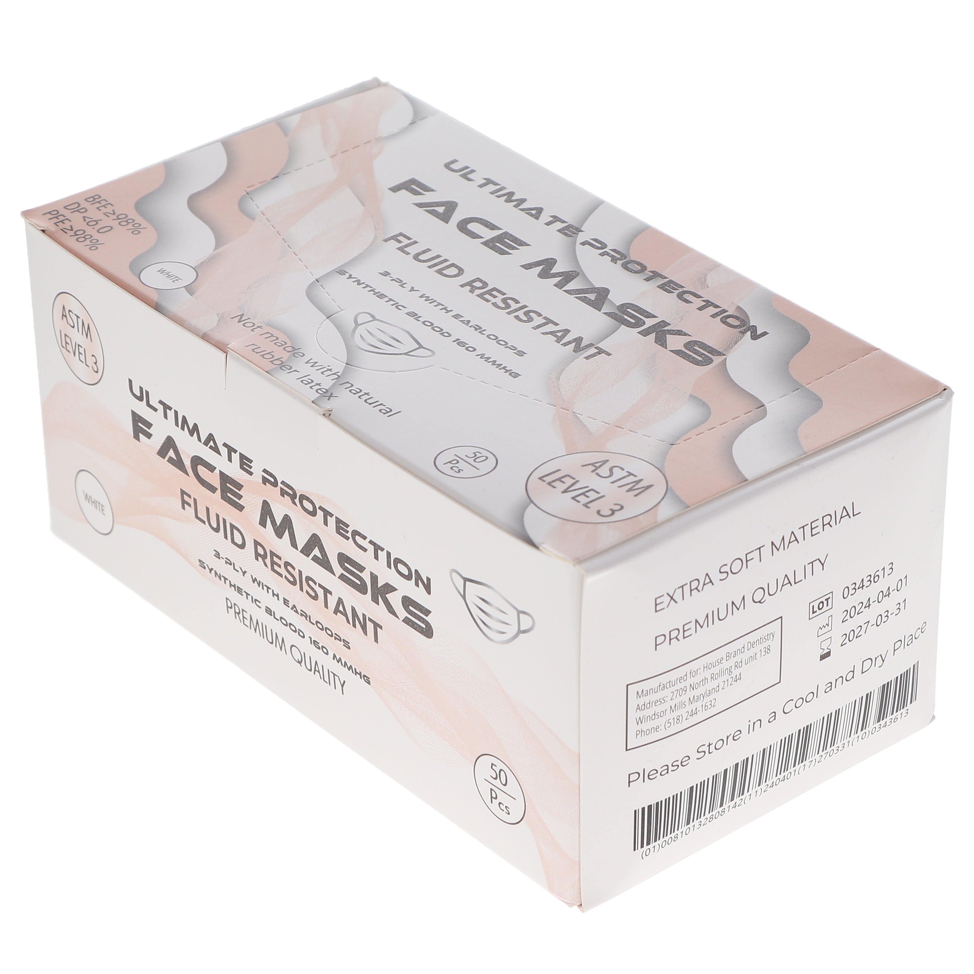 House Brand Dentistry 109135 HSB 3-Ply Earloop Face Masks ASTM Level 3 White 50/Bx House Brand Dentistry 109135 HSB 3-Ply Earloop Face Masks ASTM Level 3 White 50/Bx